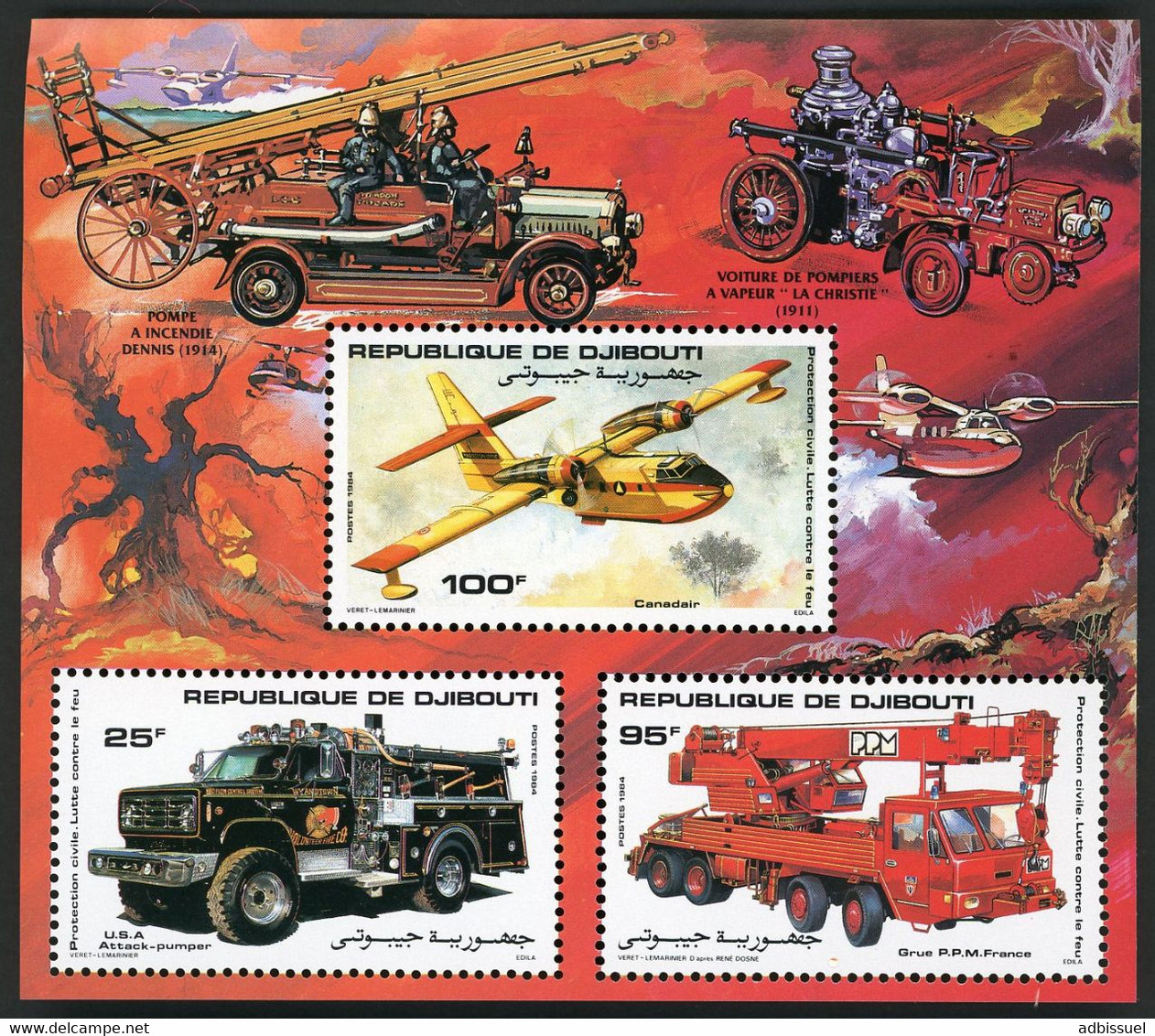 DJIBOUTI Bloc Spécial COTE 35 € N° 587 + 588 + 589 MNH ** Pompiers Firefighters Bomberos / Canadair. TB/VG - Brandweer