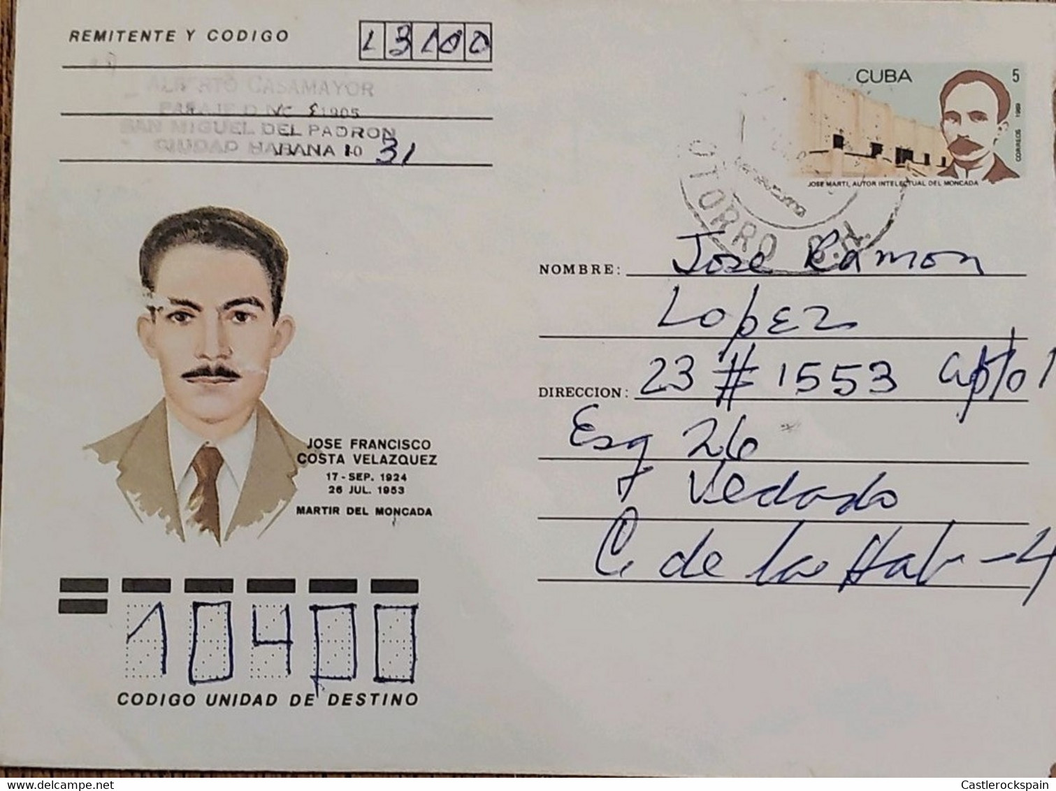O) 1953 CUBA, CARIBBEAN, JOSE MARTI, JOSE FRANCISCO COSTA VELAZQUEZ MARTIR DEL MONCADA, CIRCULATED AEROGRAM - Covers & Documents