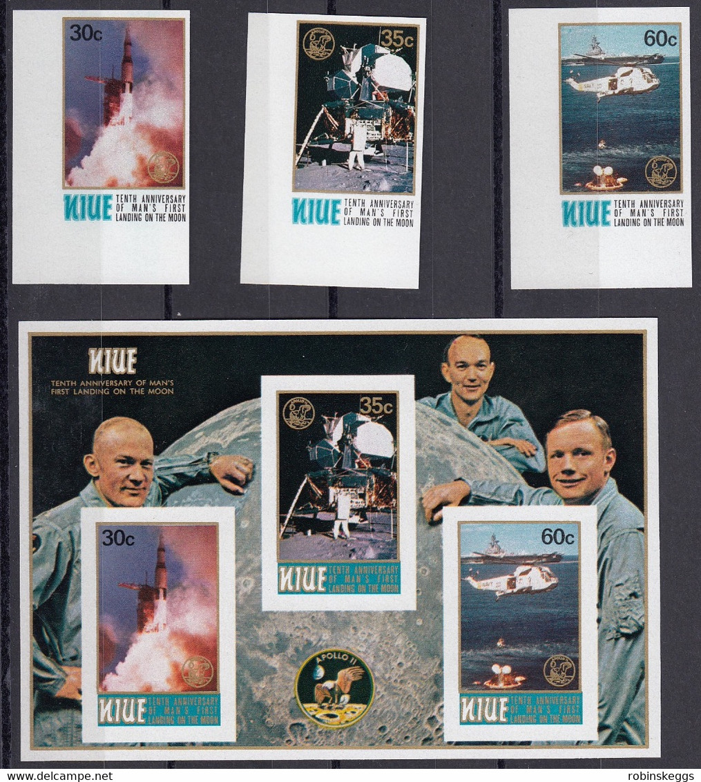 NIUE 1979 First Manned Moon Landing 10th Anniversary, IMPERFORATE Set Of 3 & M/S MNH - Oceania