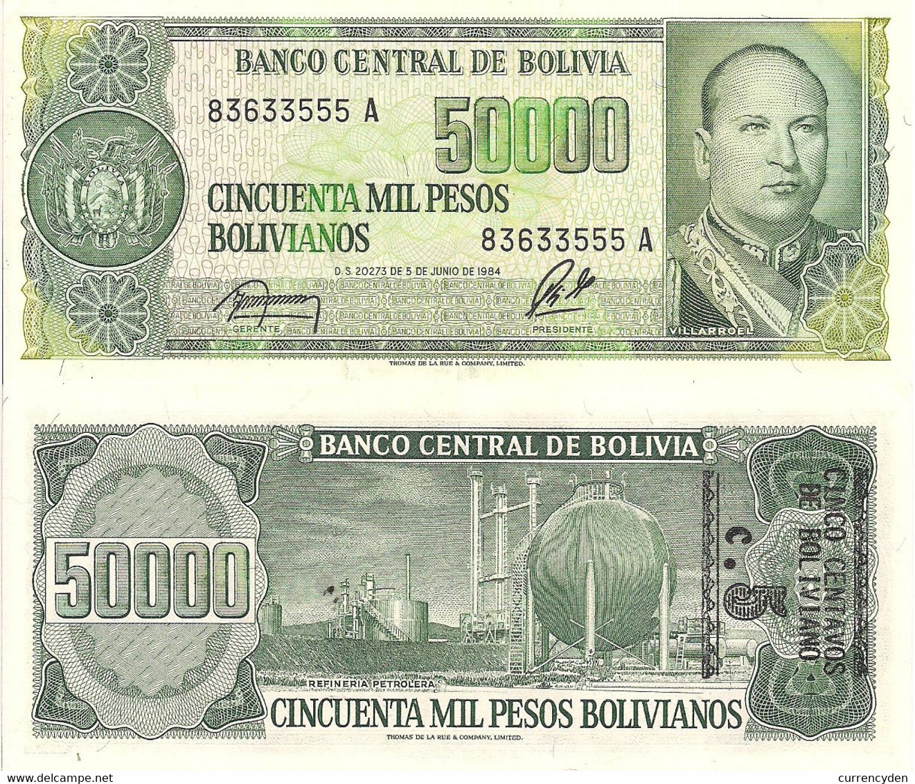 Bolivia P196, 5 Cents, Mayor Gualberto Villaroel / Refinery UNC Was 50,000! - Bolivie