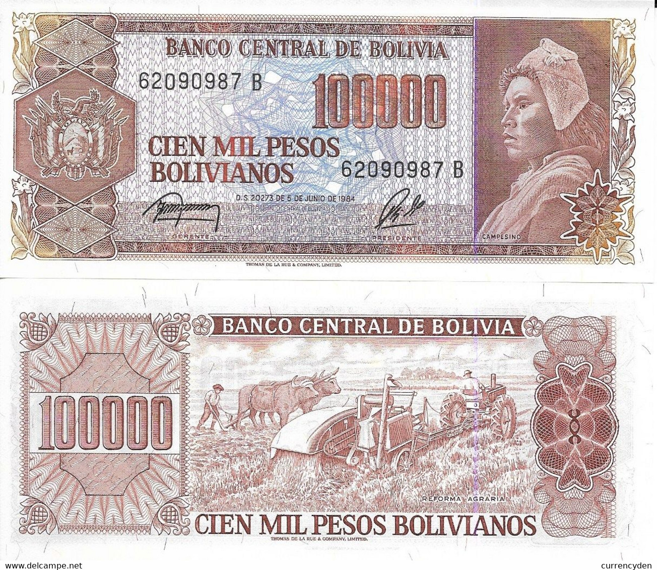 Bolivia P171, 100,000 Boliviano, Peasant Woman / Field Work, Oxen, Tractor UNC - Bolivie