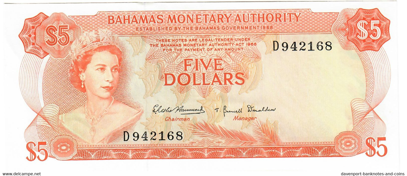 Bahamas 5 Dollars 1968 AUNC - Bahamas