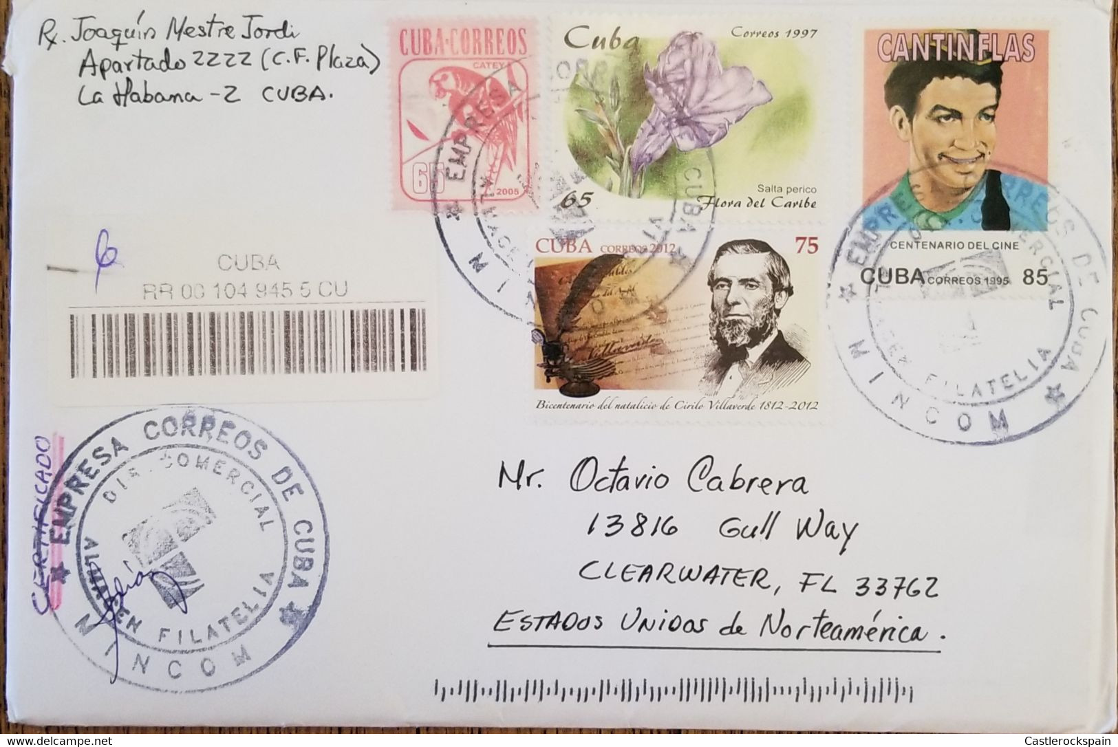 O) 2012 CUBA, CARIBBEAN, CIRILO VILLAVERDE, CANTINFLAS, MOVIES, FLORA, FLOWER, CIRCULATED TO USA - Cartas & Documentos