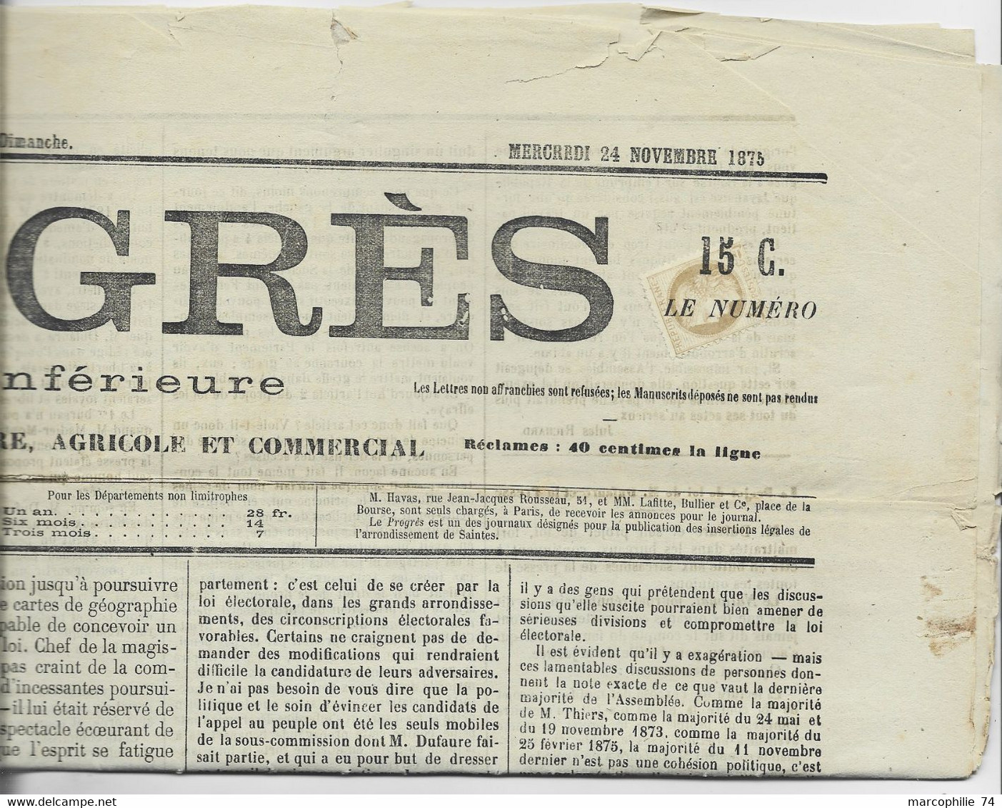 N° 52 TYPO SUR JOURNAL COMPLET PROGRES MERCREDI 24 NOVEMBRE 1875 - 1871-1875 Cérès