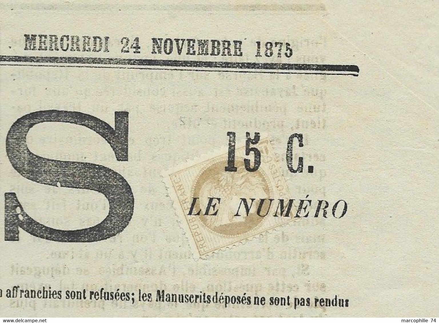 N° 52 TYPO SUR JOURNAL COMPLET PROGRES MERCREDI 24 NOVEMBRE 1875 - 1871-1875 Cérès