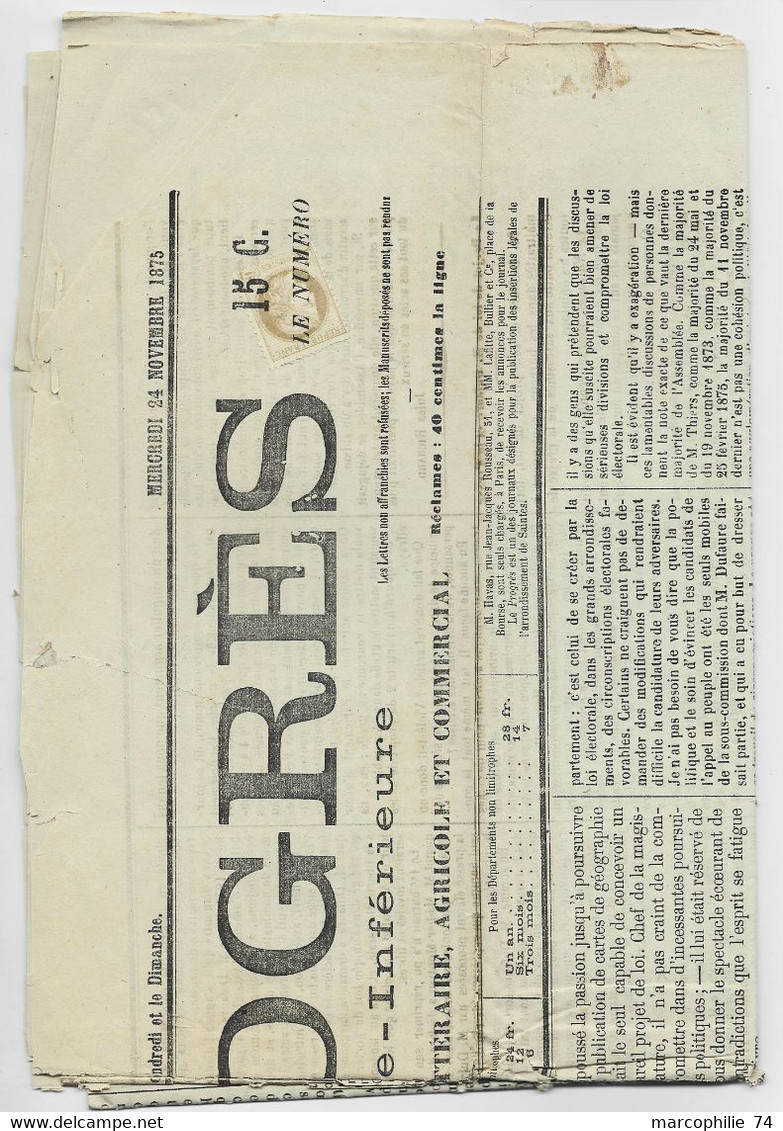 N° 52 TYPO SUR JOURNAL COMPLET PROGRES MERCREDI 24 NOVEMBRE 1875 - 1871-1875 Cérès