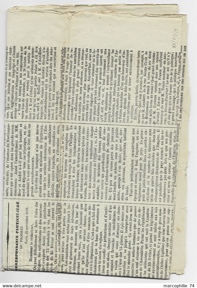 N° 52 TYPO SUR JOURNAL COMPLET PROGRES MERCREDI 24 NOVEMBRE 1875 - 1871-1875 Cérès