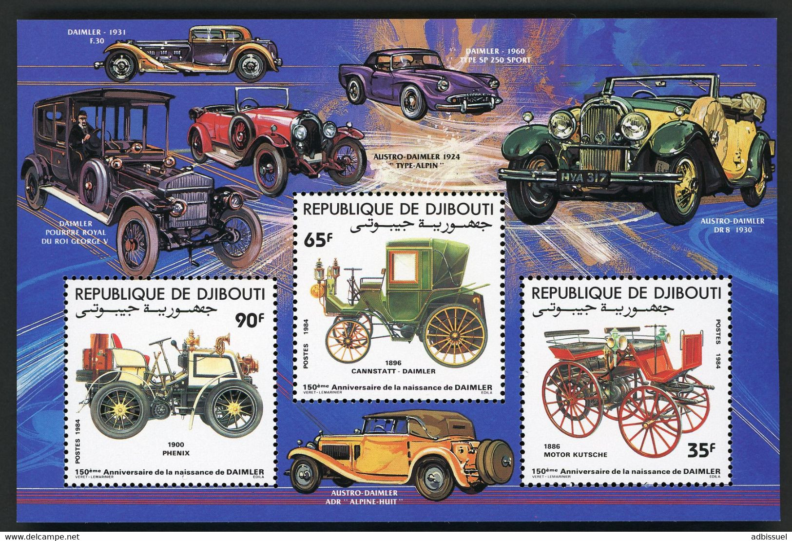 DJIBOUTI Bloc Spécial COTE 25 € N° 591 + 592 + 593 MNH ** Voiture Car / Daimler Phenix Cannstatt Motor Kutshe. TB/VG - Voitures