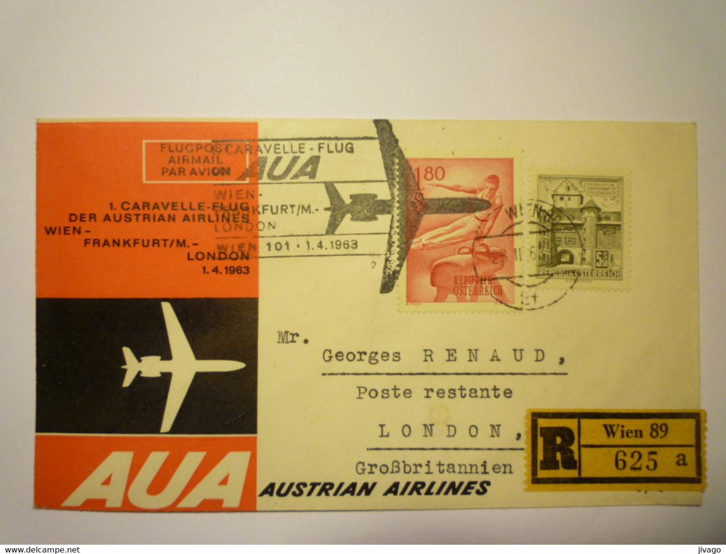 2021 - 3022  LETTRE  REC  "CARAVELLE-FLUG DER AUSTRIAN AIRLINES WIEN/FRANKFURT/LONDON"  1963  XXX - Sonstige & Ohne Zuordnung