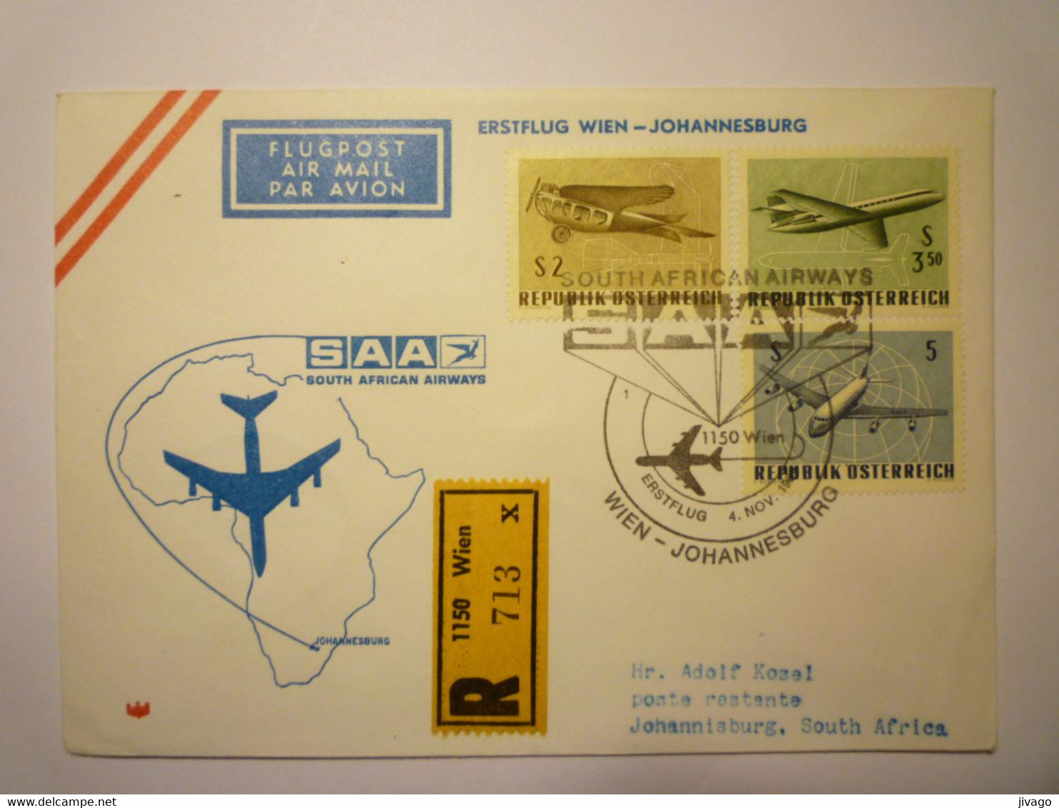 2021 - 3024  LETTRE REC  "ERSTFLUG WIEN-JOHANNESBURG"  1969   XXX - Altri & Non Classificati