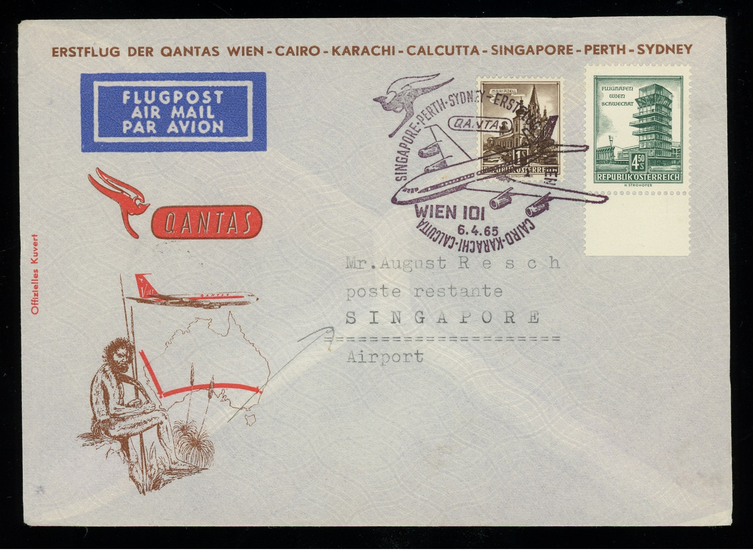 TREASURE HUNT [02913] Austria 1965 Souvenir Flight Cover Sent To Singapore Airport, Bearing 4,50 S +1 S, Special Pmk. - Altri & Non Classificati