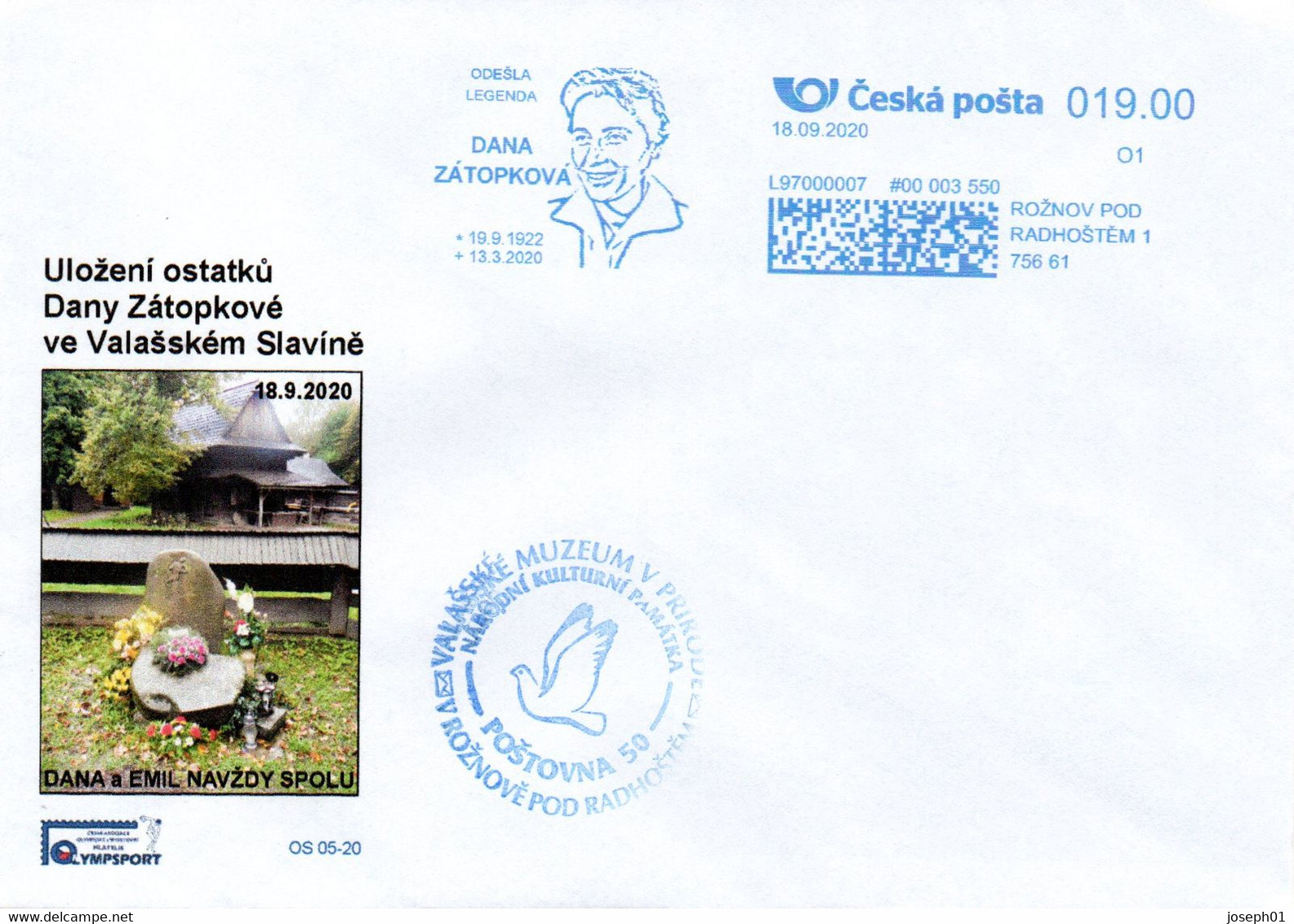 Czech Republic (20-05)  Olympic Games 1952 Death Of Zatopkova 2020 Gold Medal 1952 Javelin Throw - Cover - Zomer 1952: Helsinki