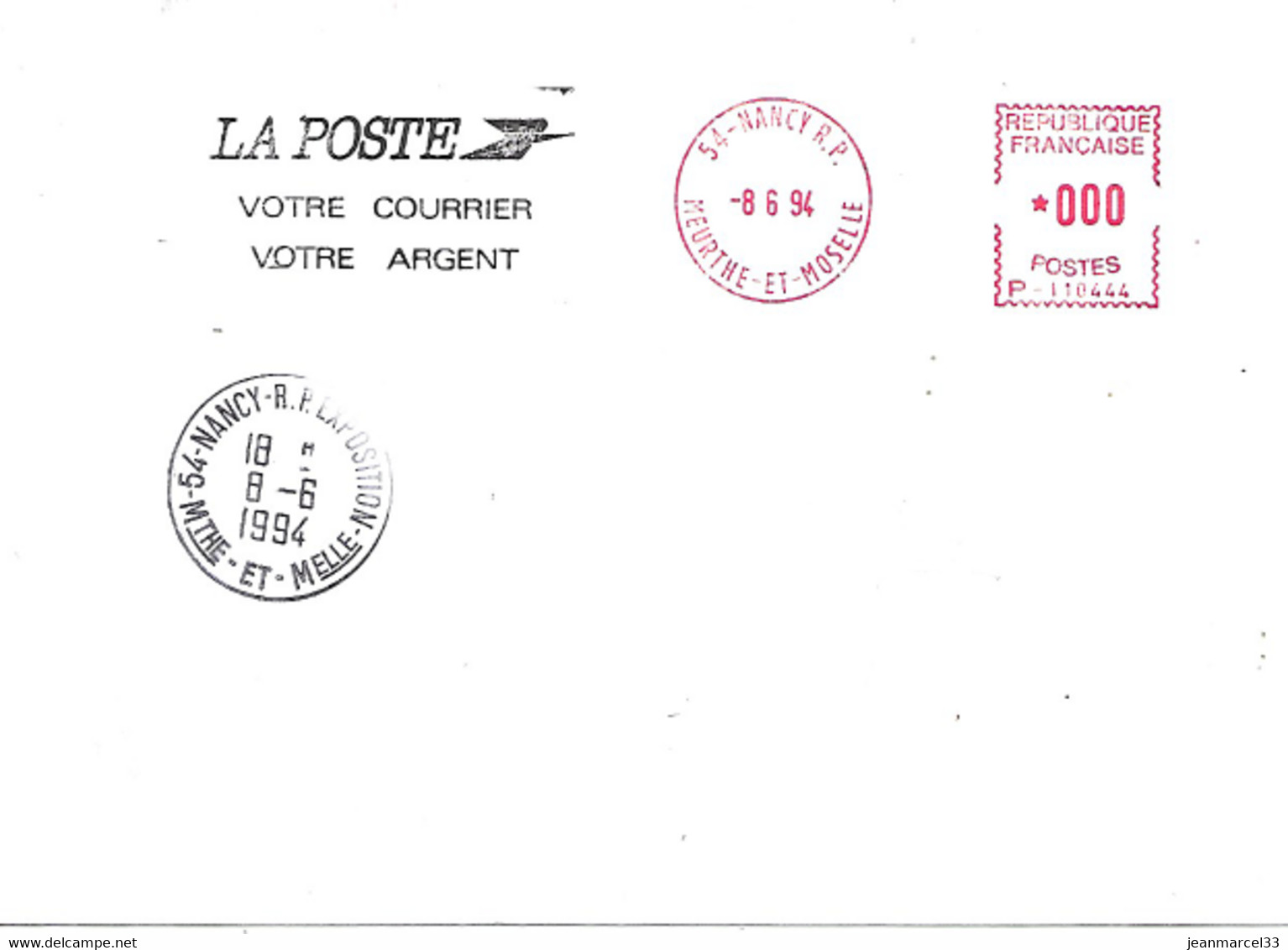 Lettre Teste " La Poste Votre Courrier Votre Argent  " 54-Nancy-RP Exposition 8-6 1994,Empreinte De Guichet - Storia Postale