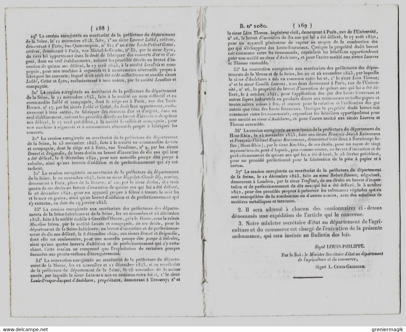 Bulletin Des Lois 1080 1844 Brevets D'invention (Peugeot Frères Hérimoncourt (Doubs)...)/Desmichels/Condamnés Détenus - Décrets & Lois