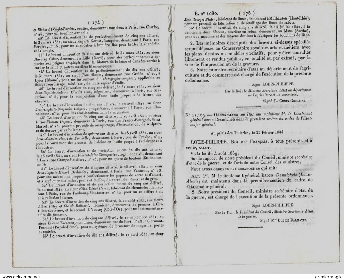 Bulletin Des Lois 1080 1844 Brevets D'invention (Peugeot Frères Hérimoncourt (Doubs)...)/Desmichels/Condamnés Détenus - Décrets & Lois