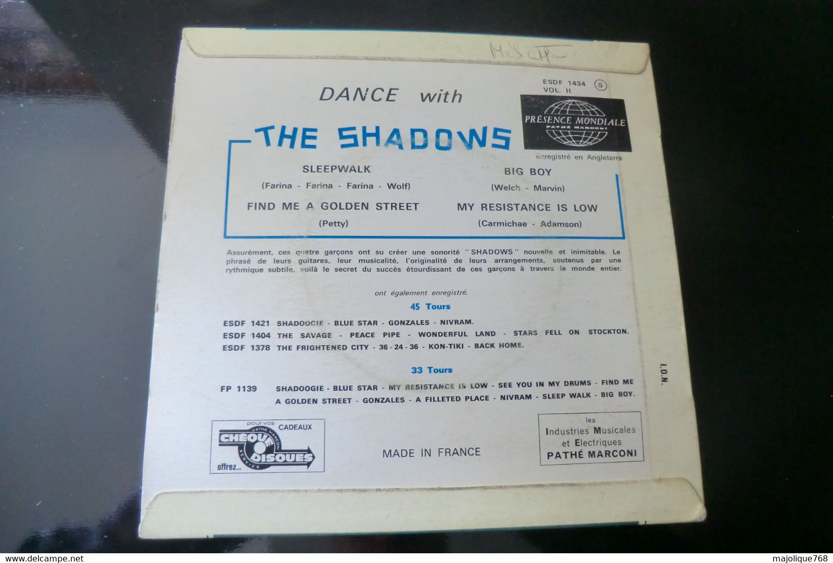 Disque 45T - The Shadows - Sleepwalk - Columbia ESDF 1434 - France 1962 - Strumentali