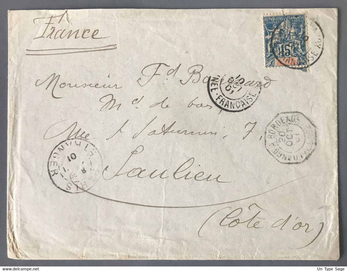 Guinée N°6 Sur Enveloppe TAD LOANGO à BORDEAUX L.L. N°2 Pour Saulieu 20.10.1901 - (B2135) - Briefe U. Dokumente