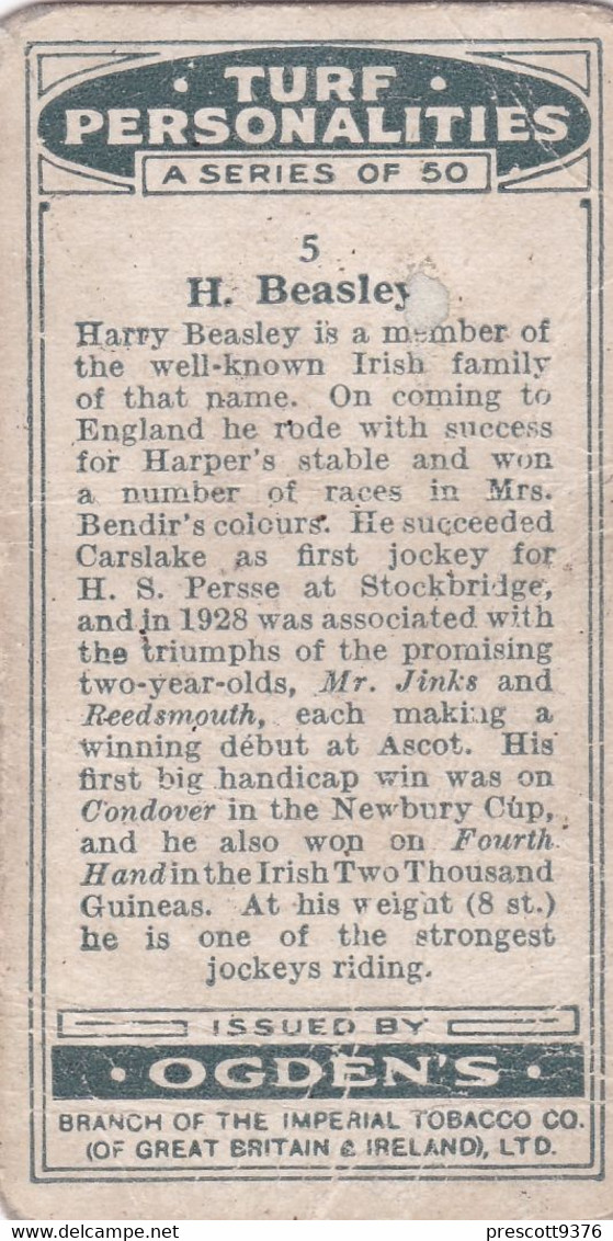 5 Harry Beasley - Turf Personalities 1929 - Ogdens  Cigarette Card - Original - Sport - Horse Racing - Ogden's