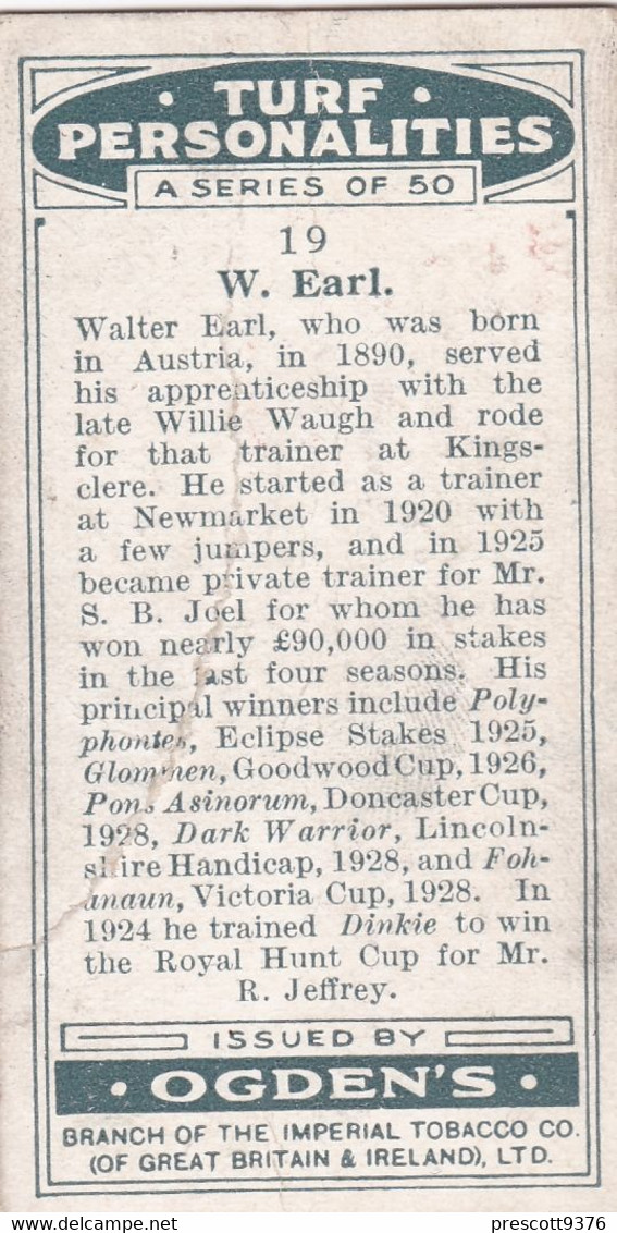 19 Walter Earl - Turf Personalities 1929 - Ogdens  Cigarette Card - Original - Sport - Horse Racing - Ogden's