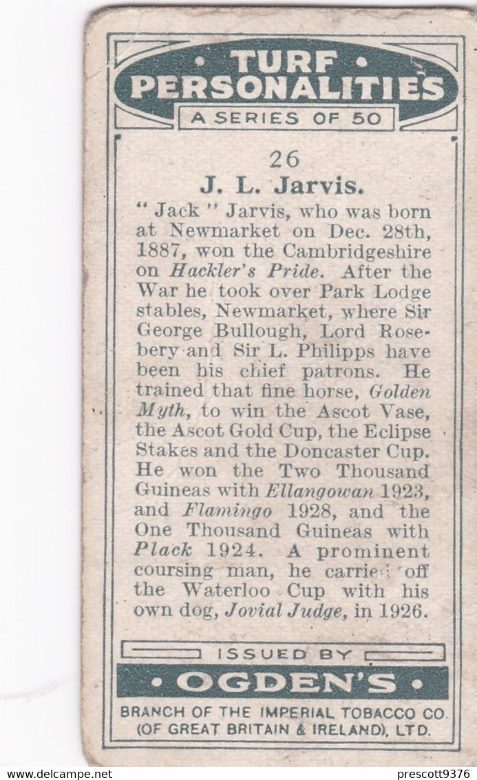 26 Jack Jarvis  - Turf Personalities 1929 - Ogdens  Cigarette Card - Original - Sport - Horse Racing - Ogden's