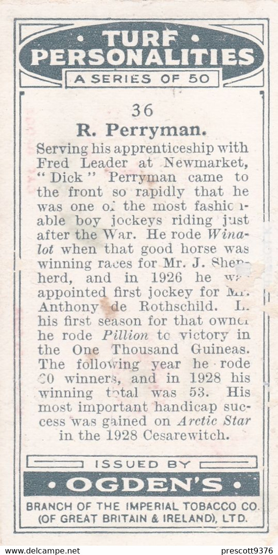 36 Dick Perryman  - Turf Personalities 1929 - Ogdens  Cigarette Card - Original - Sport - Horse Racing - Ogden's
