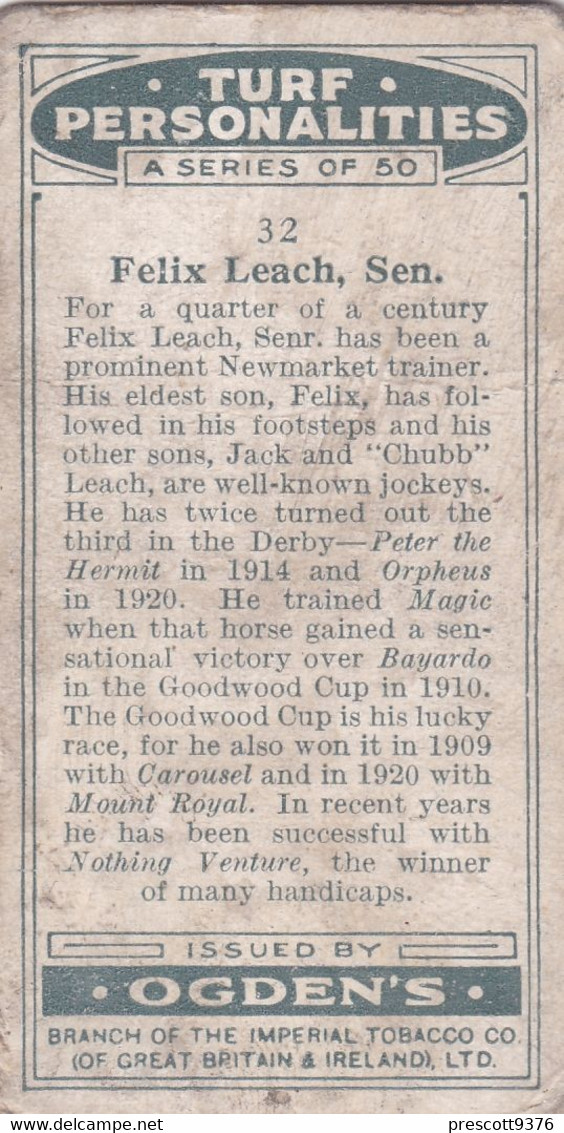 32 Felix Leach  - Turf Personalities 1929 - Ogdens  Cigarette Card - Original - Sport - Horse Racing - Ogden's