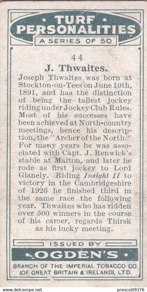 44 Joseph Thwaites  - Turf Personalities 1929 - Ogdens  Cigarette Card - Original - Sport - Horse Racing - Ogden's
