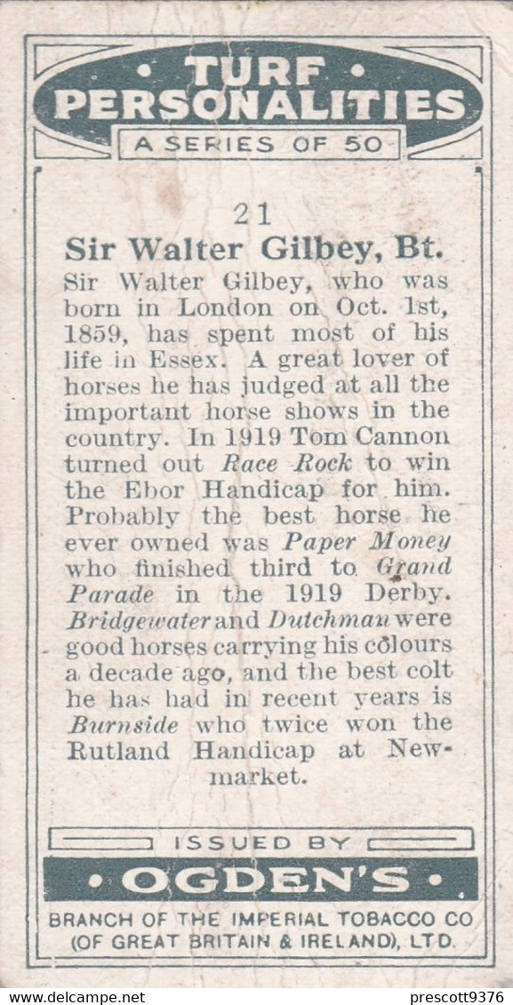 21 Sir Walter Gilbey  - Turf Personalities 1929 - Ogdens  Cigarette Card - Original - Sport - Horse Racing - Ogden's