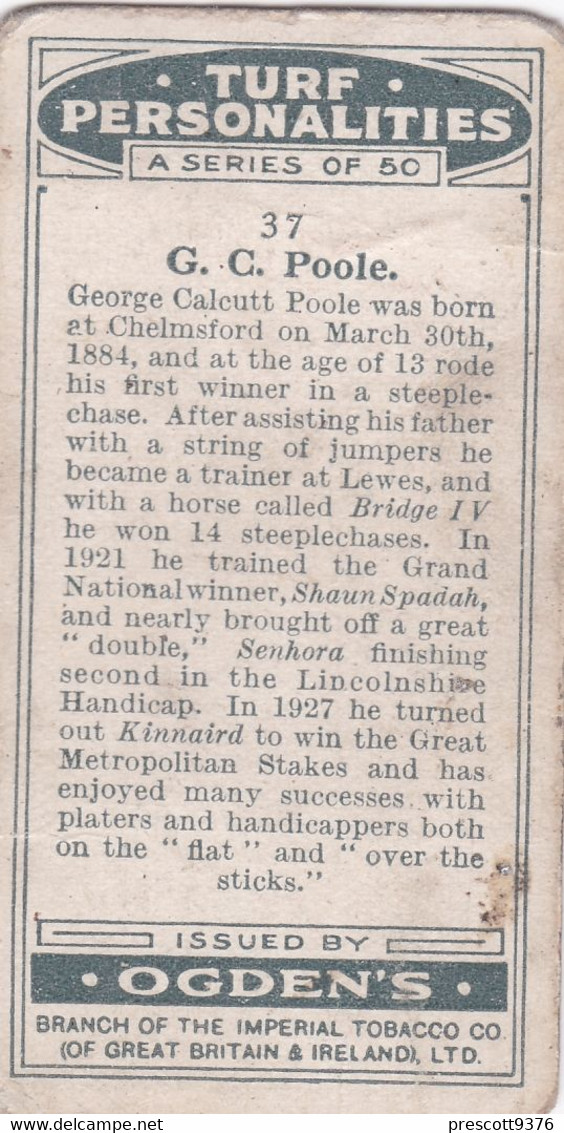 37 George Pool - Turf Personalities 1929 - Ogdens  Cigarette Card - Original - Sport - Horse Racing - Ogden's