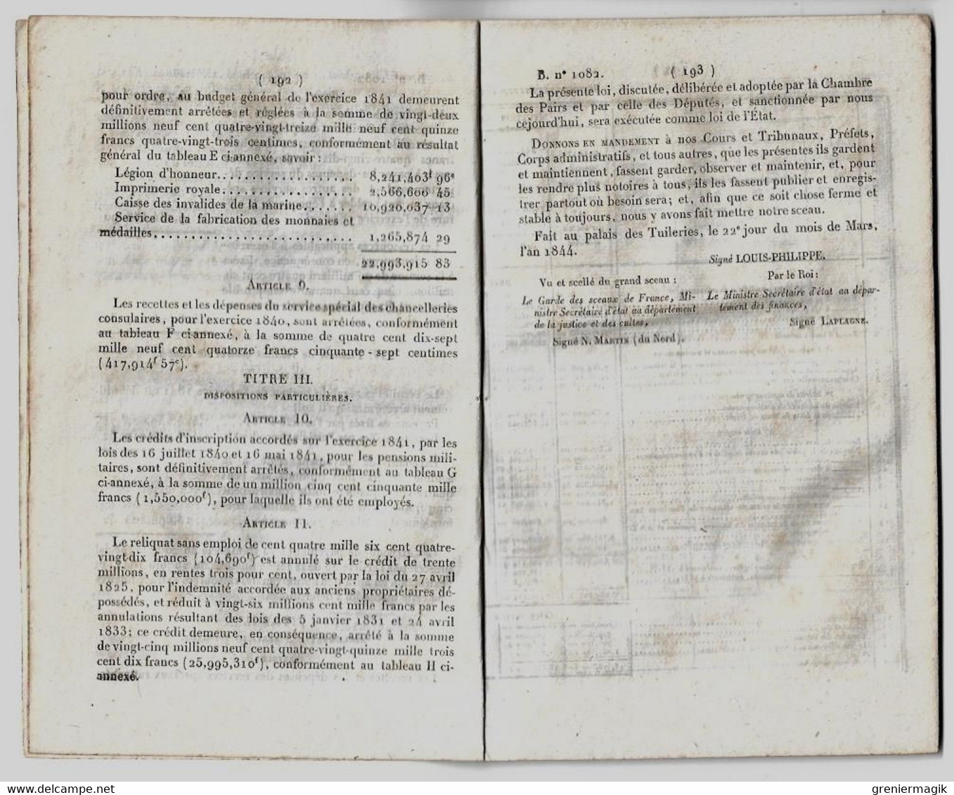 Bulletin Des Lois 1082 1844 Loi Portant Règlement Définitif Du Budget De L'exercice 1841 (Finance) - Décrets & Lois