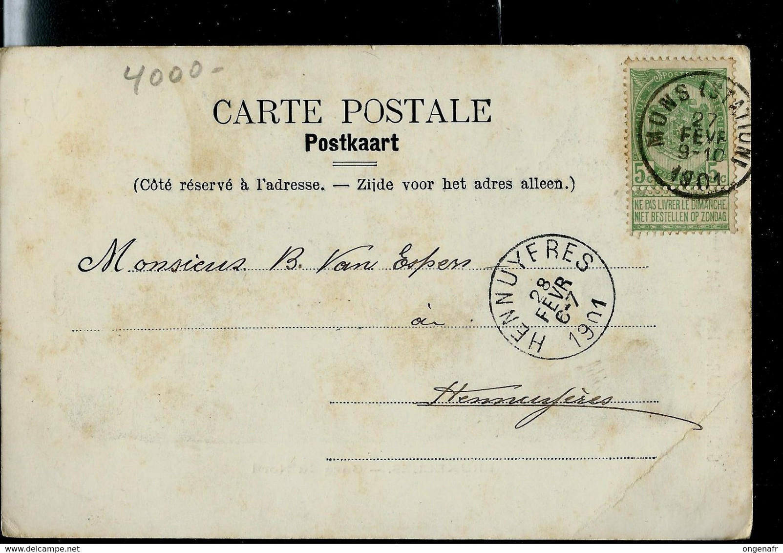 CP ( Bruxelles: Gare Du Nord) Obl. MONS ( STATION 1901 Pour HENNUYERES - Landpost (Ruralpost)