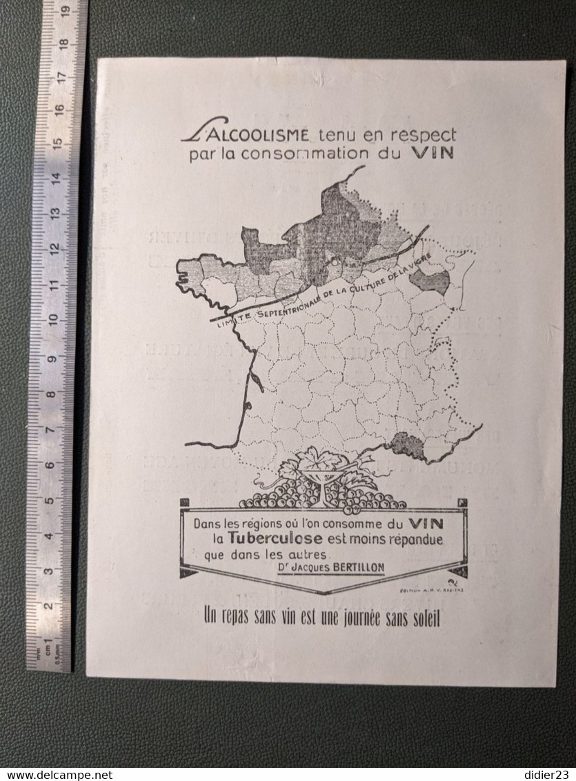 P.L.M. PLM  PUBLICITE ALCOOLISME TENUE EN RESPECT .. DU VIN TUBERCULOSE JACQUES BERTILLON CARTE DE FRANCE CULTURE - Chemin De Fer