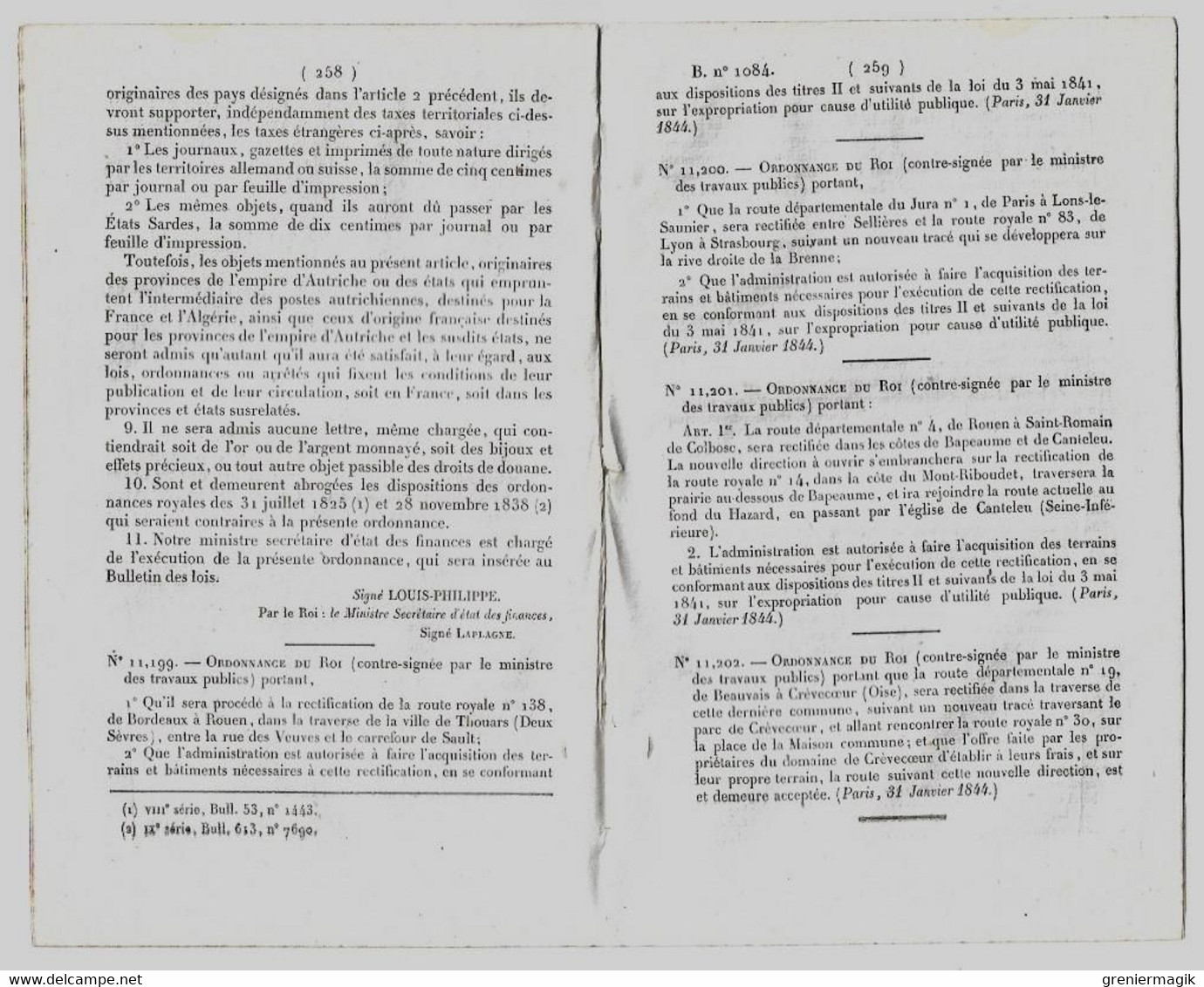 Bulletin Des Lois 1084 1844 Poste Exécution De La Convention Entre La France Et L'Autriche/Tarif Péage Pont De Cayranne - Décrets & Lois