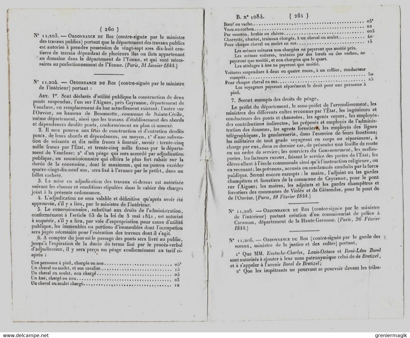 Bulletin Des Lois 1084 1844 Poste Exécution De La Convention Entre La France Et L'Autriche/Tarif Péage Pont De Cayranne - Décrets & Lois