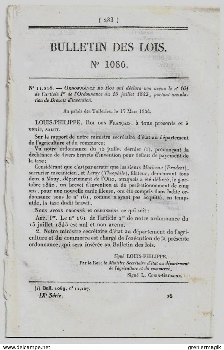 Bulletin Des Lois 1086 1844 Tarif Péage Pont Entre Cadillac Et Cérons (Gironde)/Médecine Strasbourg/Arsenal Besançon - Décrets & Lois