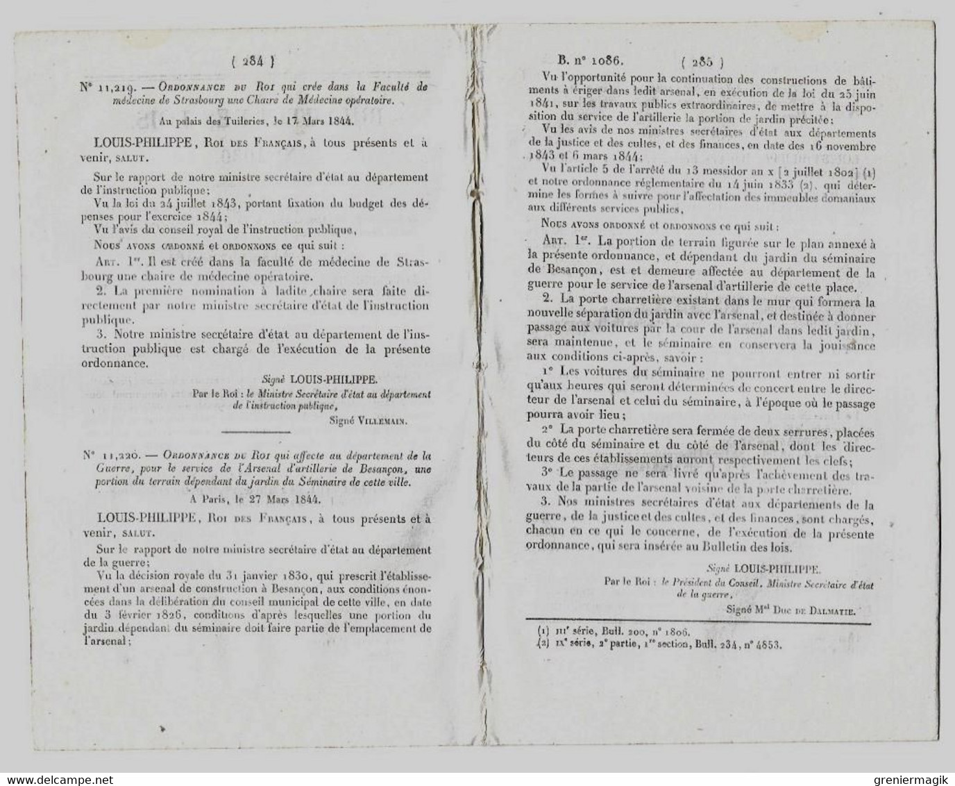 Bulletin Des Lois 1086 1844 Tarif Péage Pont Entre Cadillac Et Cérons (Gironde)/Médecine Strasbourg/Arsenal Besançon - Décrets & Lois