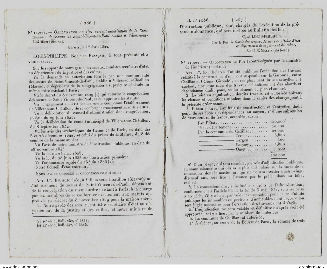 Bulletin Des Lois 1086 1844 Tarif Péage Pont Entre Cadillac Et Cérons (Gironde)/Médecine Strasbourg/Arsenal Besançon - Décrets & Lois