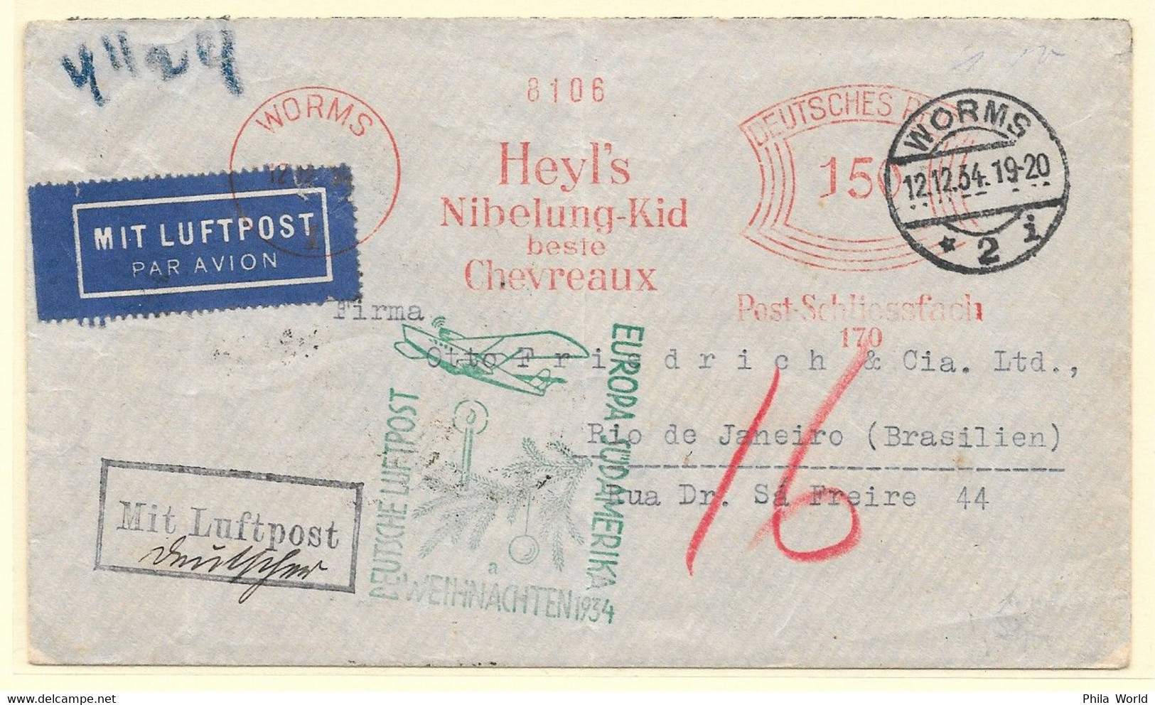 DEUTSCHE LUFTPOST 1934 CATAPULT Flying Boat Taifun Germany Europa Südamerika WEIHNACHTEN Luftpost Air Mail Cover BRAZIL - Flugzeuge