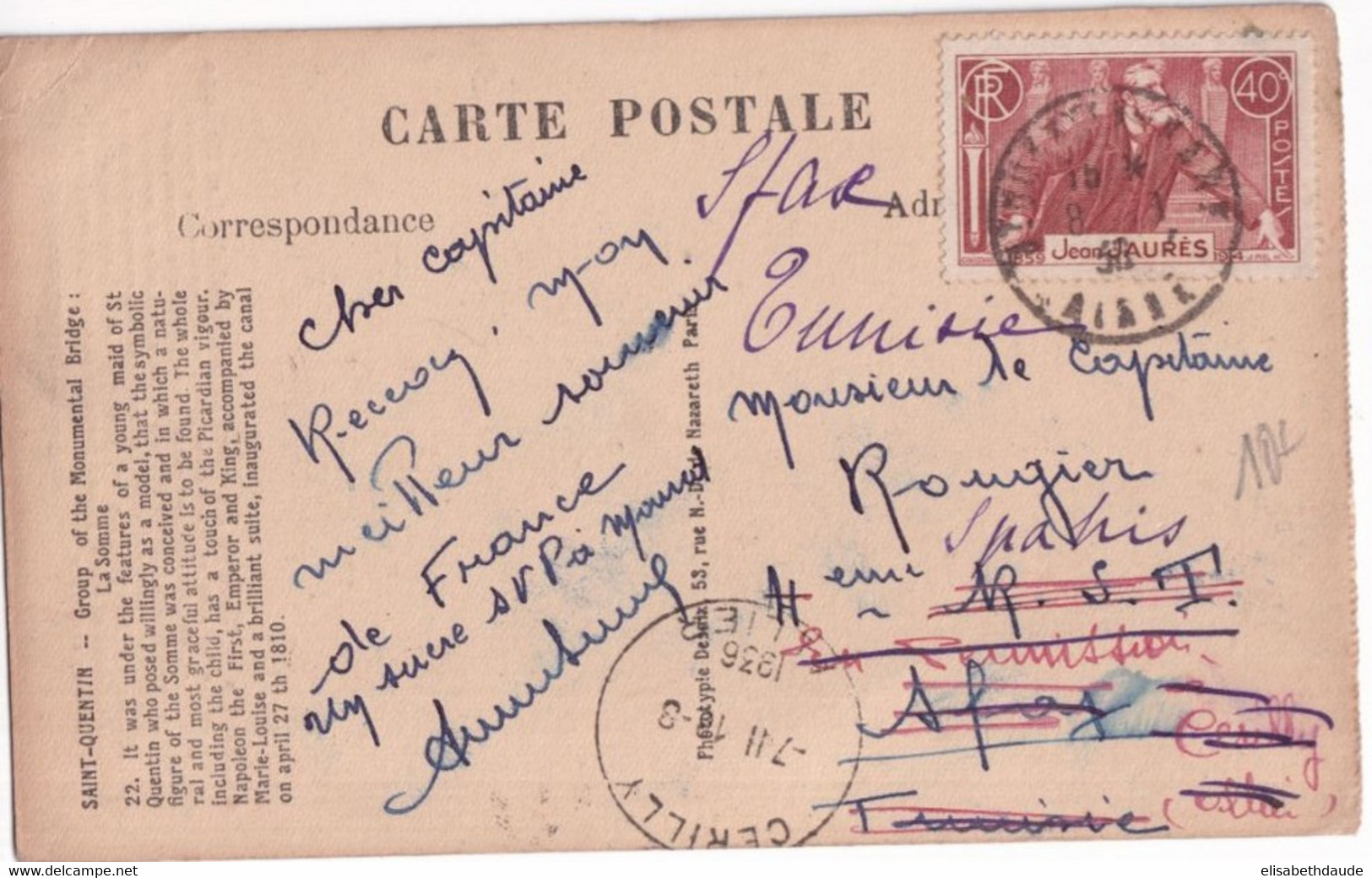 1936 - YVERT N°318 SEUL Sur CP De ST QUENTIN (AISNE) => SFAX (TUNISIE) ! => CERILLY (ALLIER) => DE NOUVEAU SFAX !! - Storia Postale