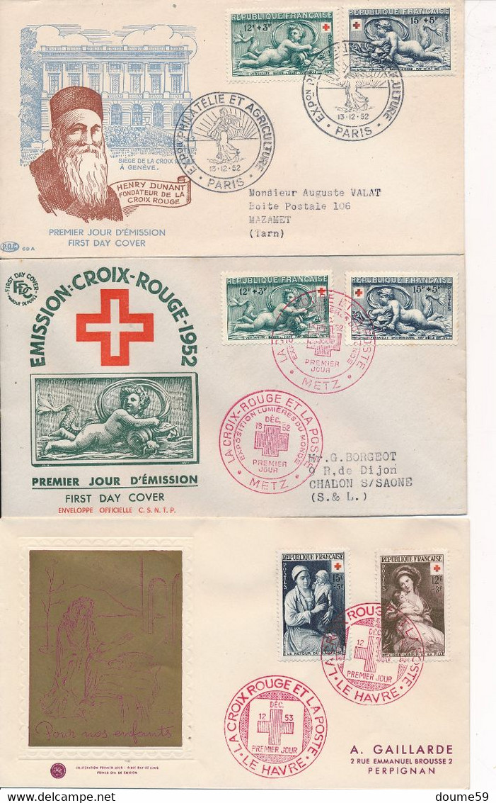 ED-119:FRANCE: Lot Avec 1er Jour Et Obl Sur Timbres Croix Rouge (1952(2)-1953 à 1959) - Lettres & Documents