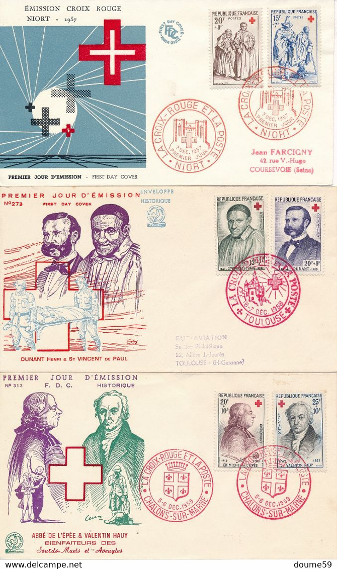 ED-119:FRANCE: Lot Avec 1er Jour Et Obl Sur Timbres Croix Rouge (1952(2)-1953 à 1959) - Lettres & Documents