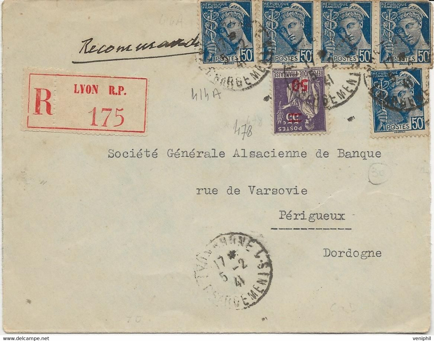 LETTRE RECOMMANDEE AFFRANCHIE N° 414 A + N° 478 X 4  -ANNEE 1941 - 1921-1960: Periodo Moderno