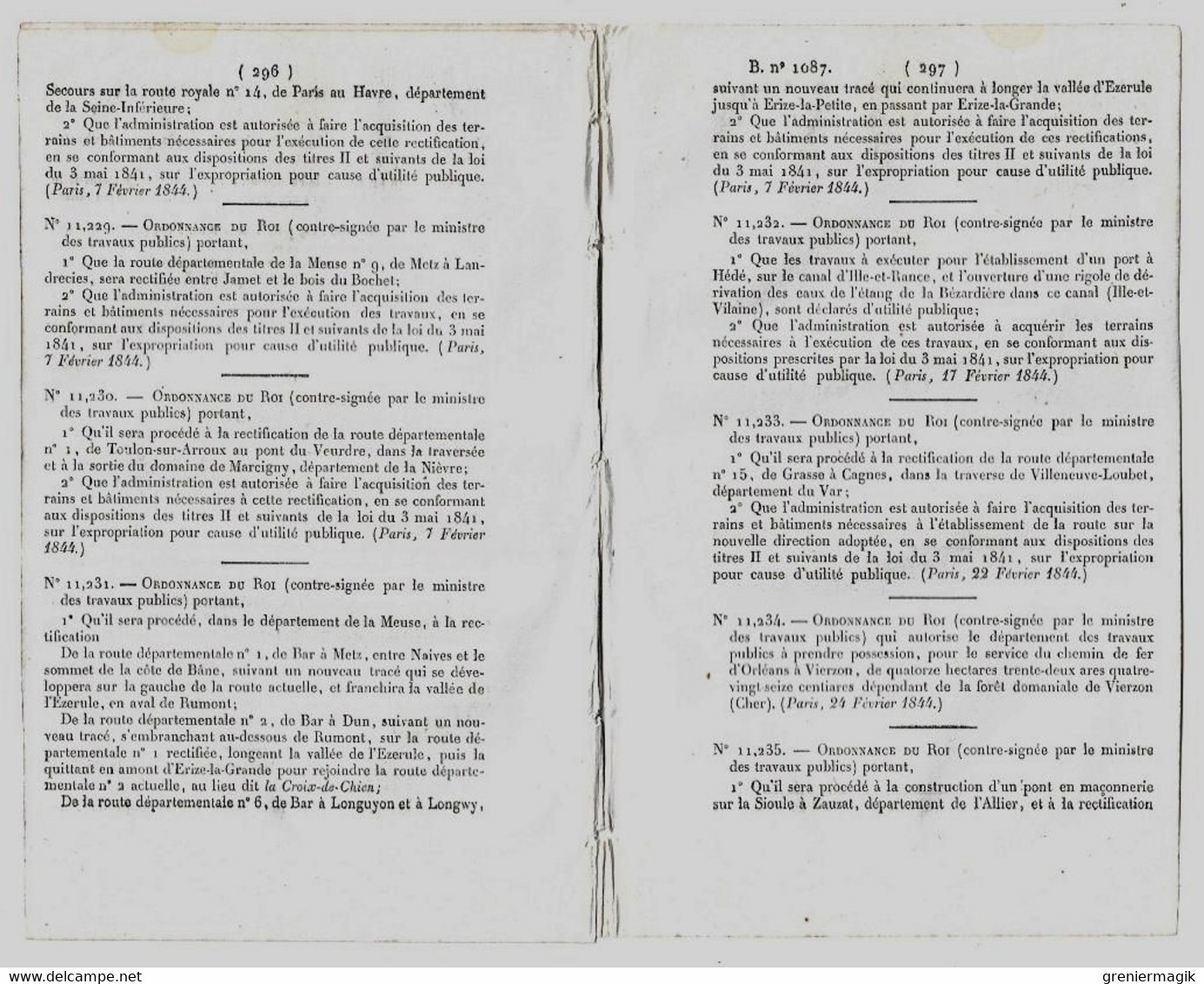 Bulletin Des Lois 1087 1844 Classe 1843/Hédé/Chemin De Fer D'Orléans à Vierzon/Rouzat Allier Sioule (Saint-Bonnet...) - Décrets & Lois