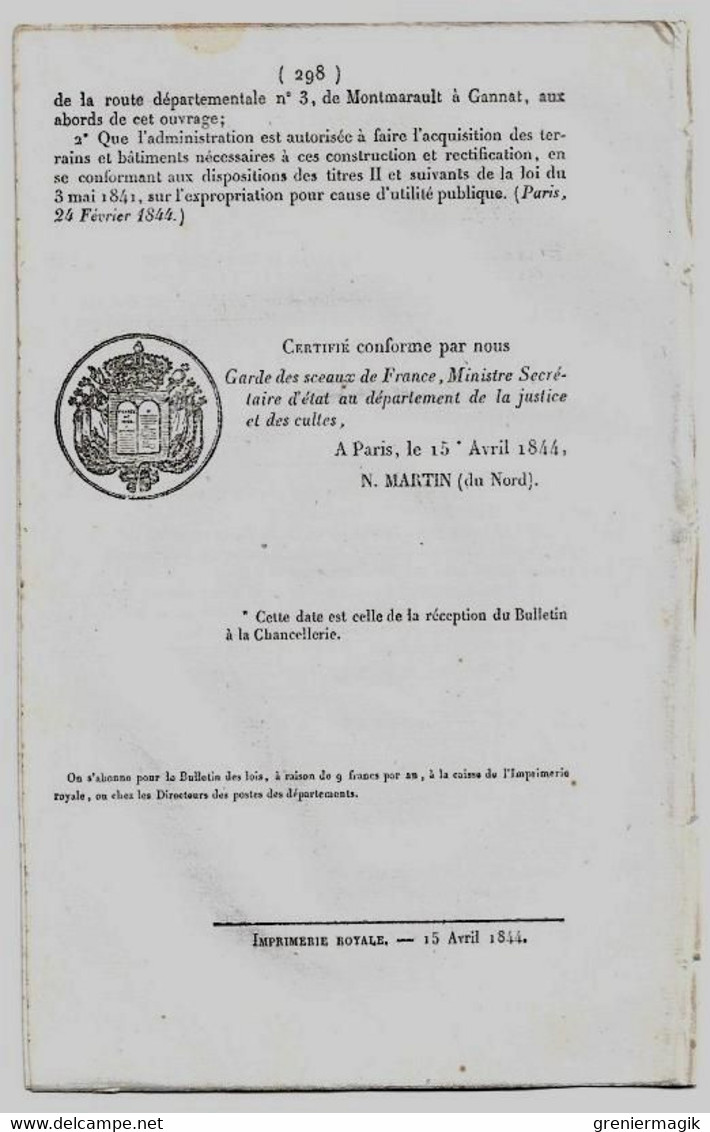 Bulletin Des Lois 1087 1844 Classe 1843/Hédé/Chemin De Fer D'Orléans à Vierzon/Rouzat Allier Sioule (Saint-Bonnet...) - Décrets & Lois