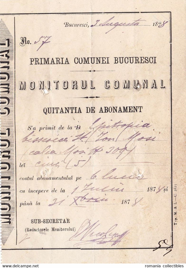 Romania, 1878, Vintage Receipt - Church Subscription Fee, Bucuresti - Fiscale Zegels