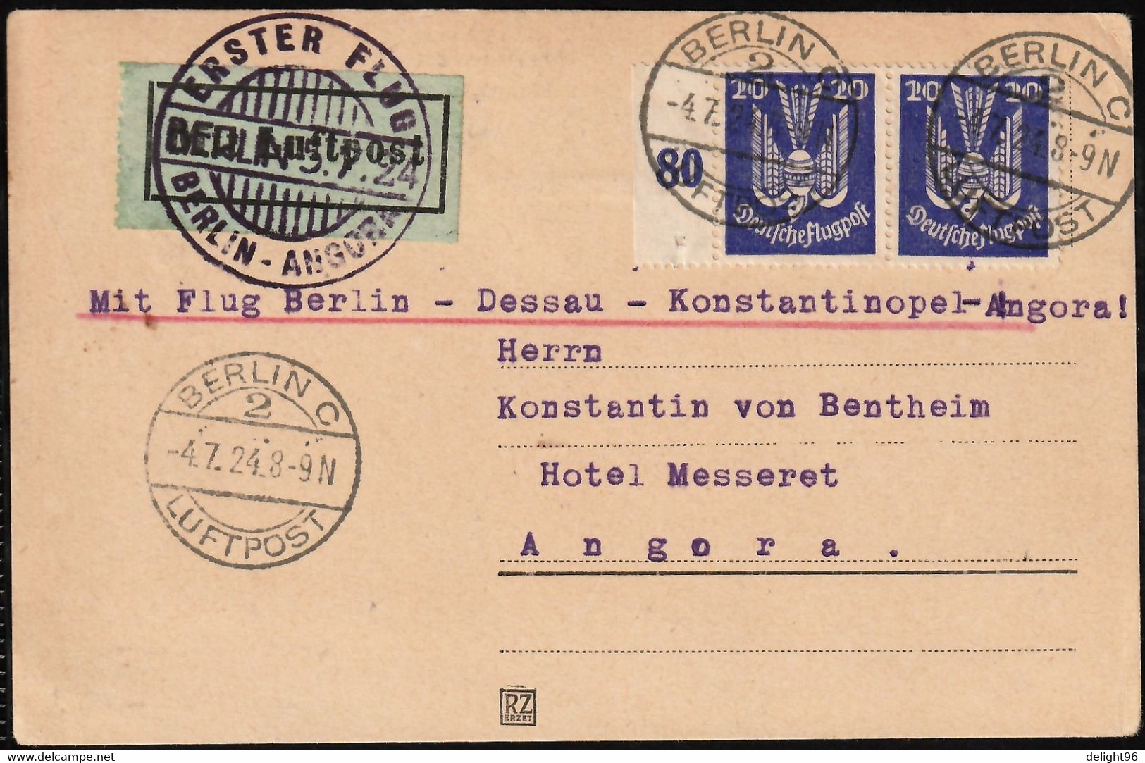 1924 Germany Berlin - Dessau - Constantinople (Istanbul) - Angora (Ankara) Junkers Luftpost First Flight Card - Luchtpost & Zeppelin