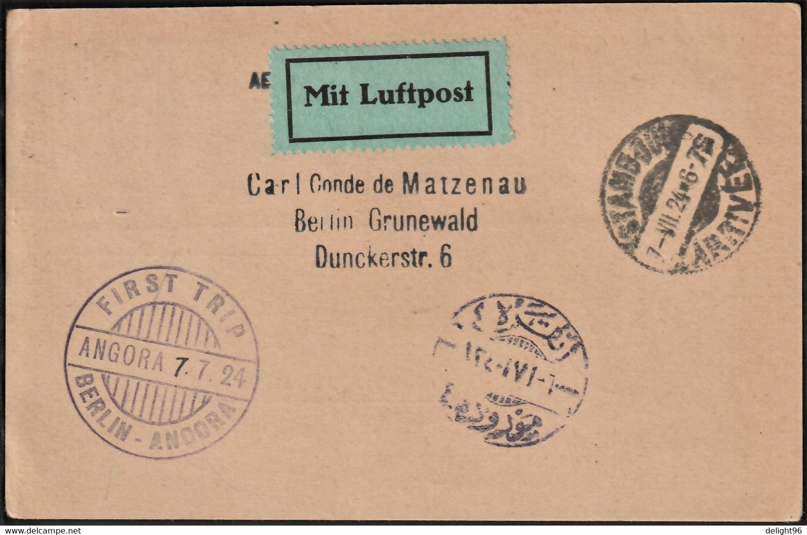 1924 Germany Berlin - Dessau - Constantinople (Istanbul) - Angora (Ankara) Junkers Luftpost First Flight Card - Correo Aéreo & Zeppelin