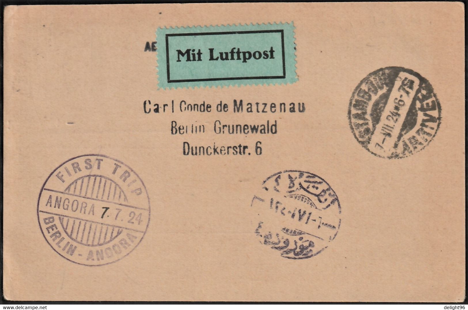 1924 Germany Berlin - Dessau - Constantinople (Istanbul) - Angora (Ankara) Junkers Luftpost First Flight Card - Posta Aerea & Zeppelin