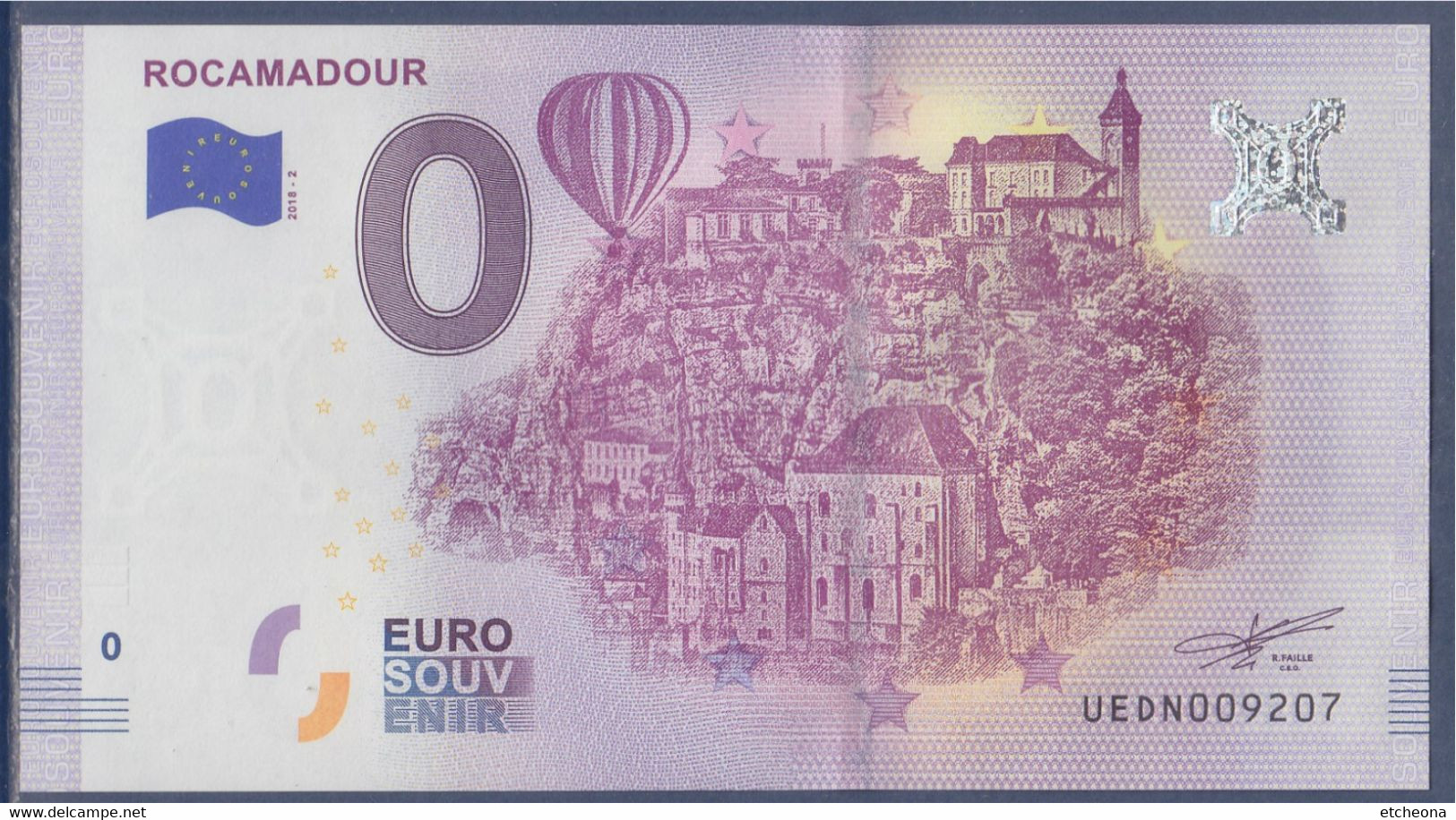 Zéro Euro Rocamadour, Survolé Par Une Montgolfière Euro Souvenir Tour Eiffel, Londres, Colyssé, Barcelone, Manneken Pis - Specimen