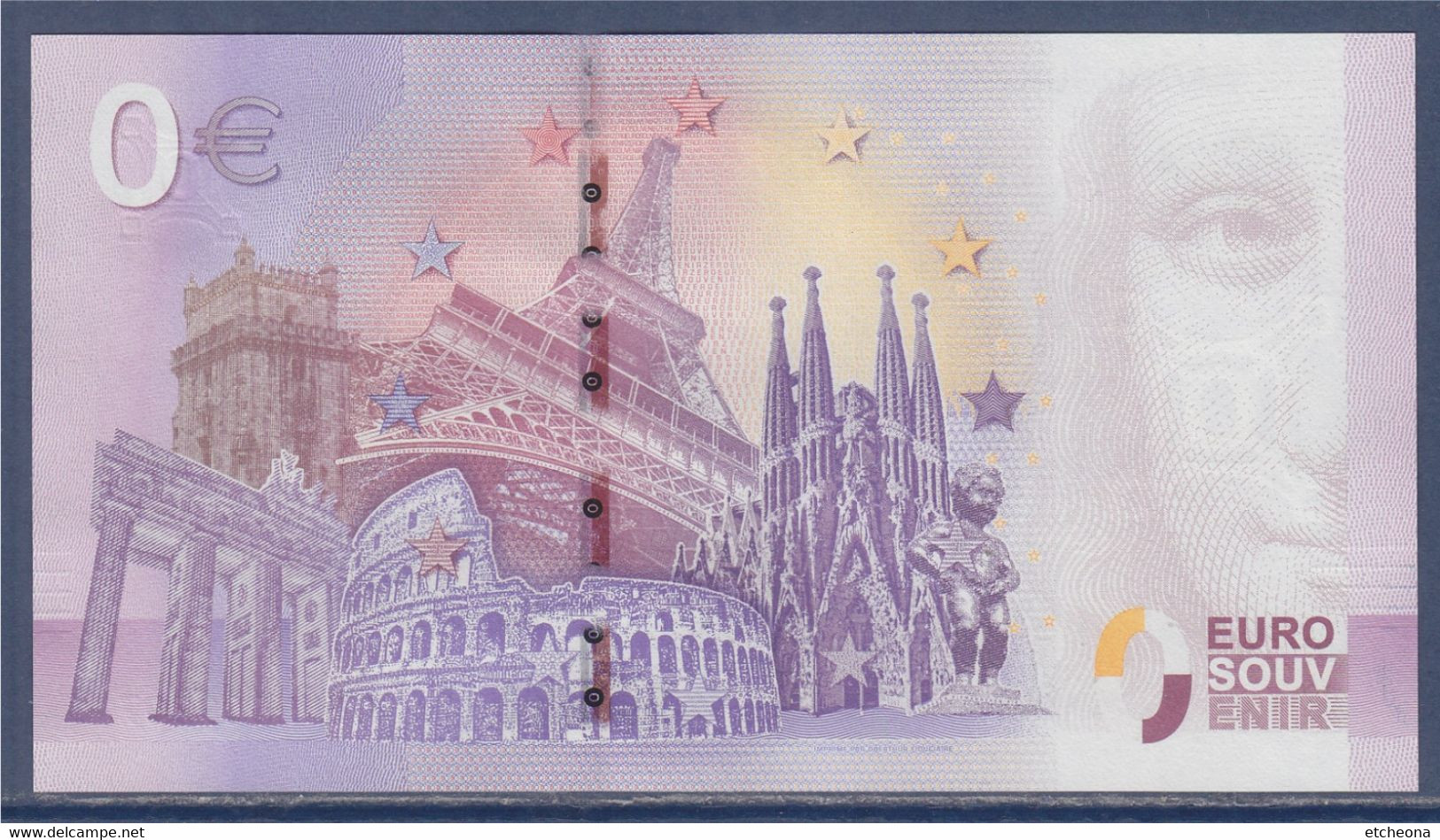 Zéro Euro Rocamadour, Survolé Par Une Montgolfière Euro Souvenir Tour Eiffel, Londres, Colyssé, Barcelone, Manneken Pis - Fiktive & Specimen